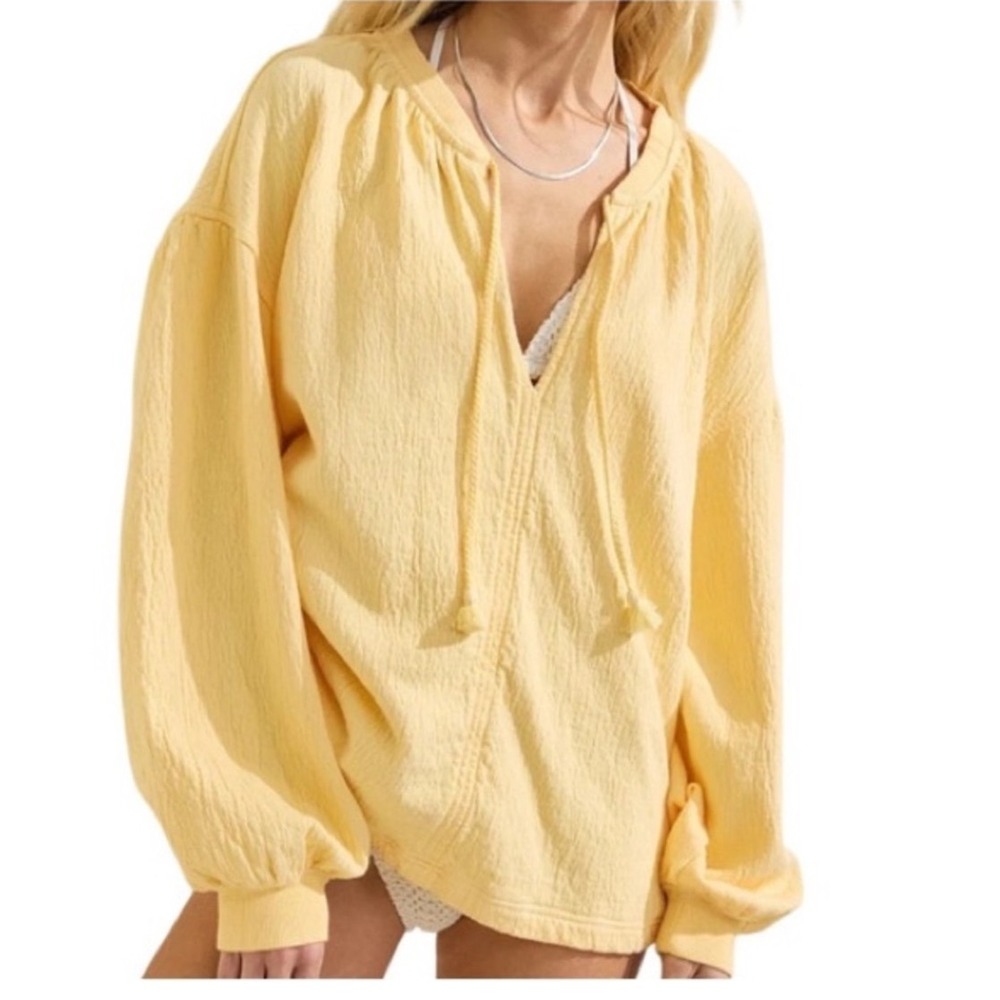Aerie Yellow Textured Gauze French Terry Tassel Tie Pullover Top Large
